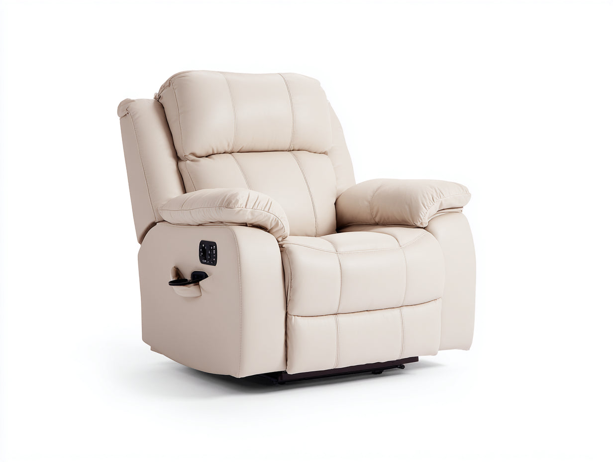 Fauteuil relax en similicuir crème 90 x 95 x 106 cm - Fauteuil inclinable avec commande latérale et porte-gobelet - Design moderne pour salon