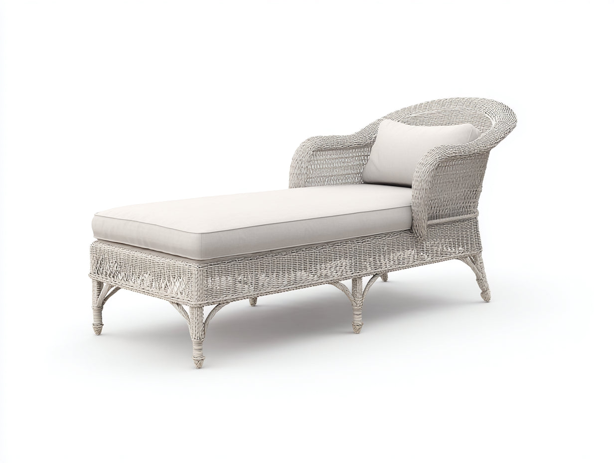 Bain de soleil 198 x 74 x 90 cm en résine tressée blanche avec coussin crème - Chaise longue de jardin avec dossier ergonomique - Mobilier d'extérieur style contemporain