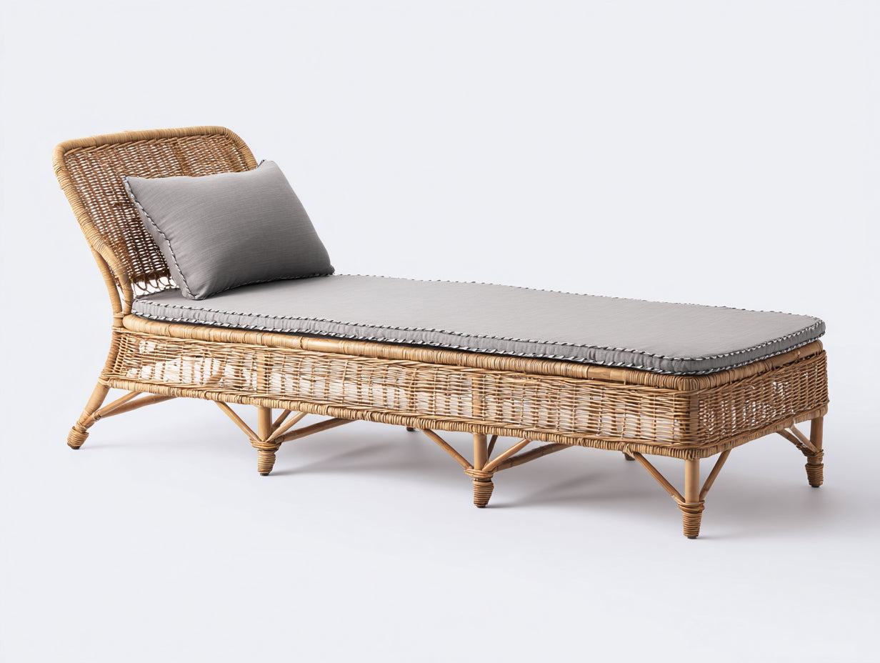 Bain de soleil en rotin tressé avec coussin gris design moderne extérieur 190x70x85 cm