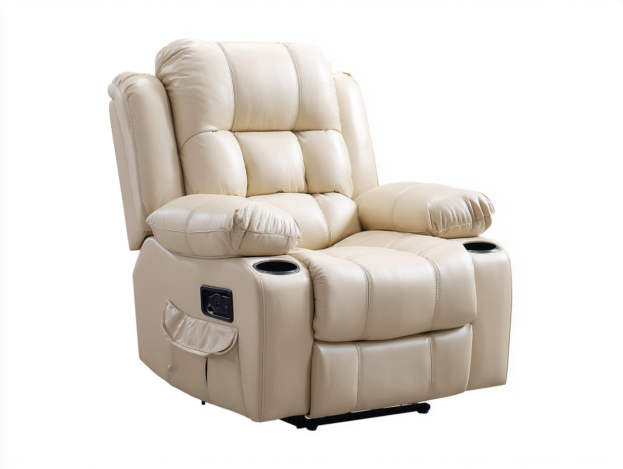 Fauteuil relax électrique cuir synthétique beige 88x92x105 cm avec double porte-gobelet et poche latérale design moderne pour salon