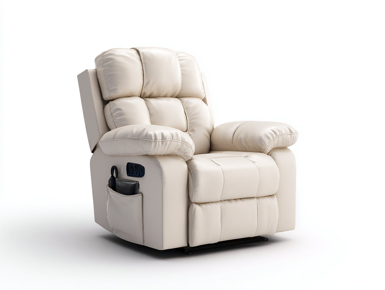 Fauteuil relax électrique cuir synthétique beige 85x92x105 cm avec porte-gobelet et poche latérale design moderne pour salon