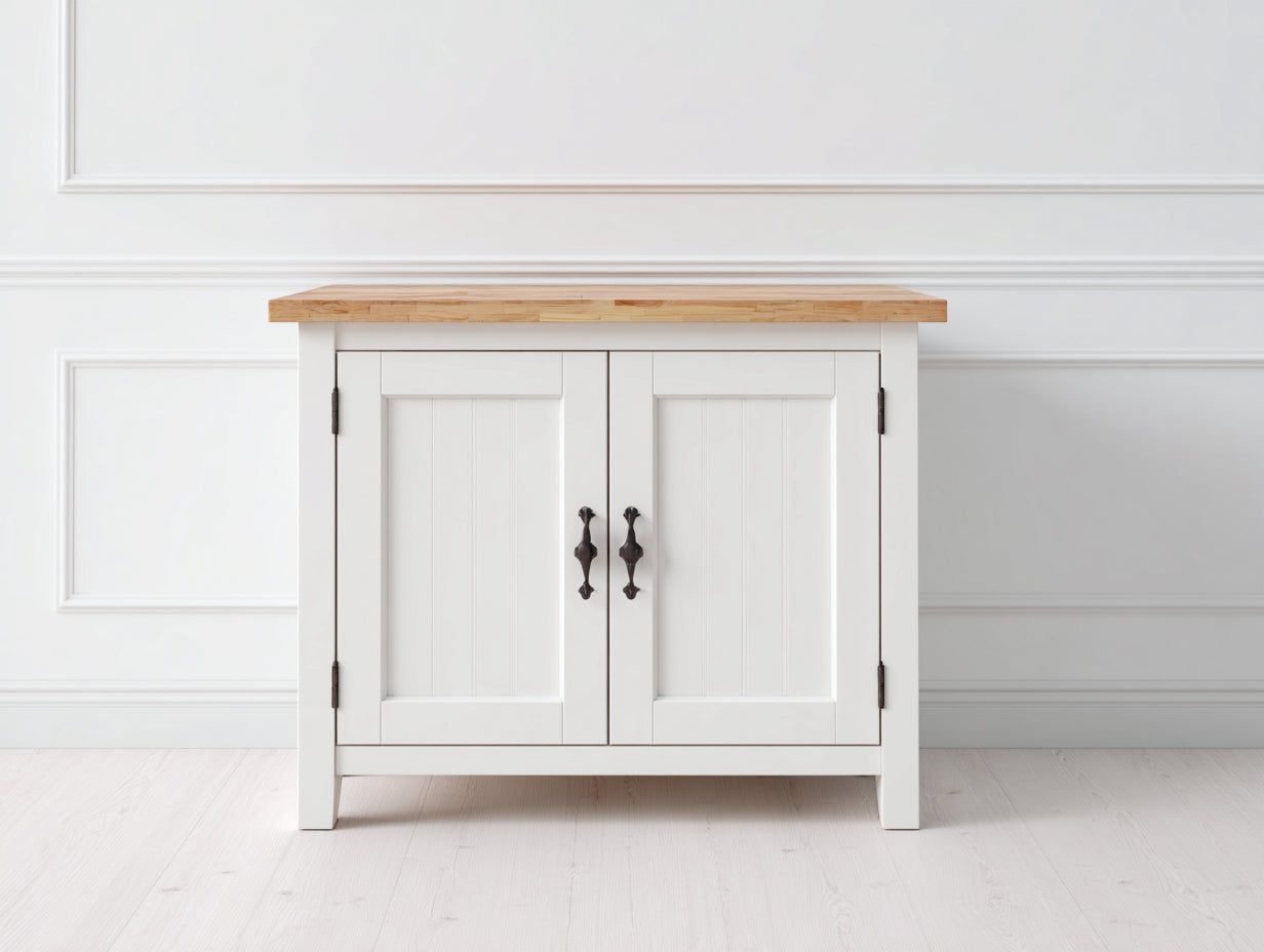 Buffet meuble de rangement bois blanc deux portes plateau bois naturel style campagne moderne 120x40x85 cm - blanc bois naturel - design minimaliste élégant