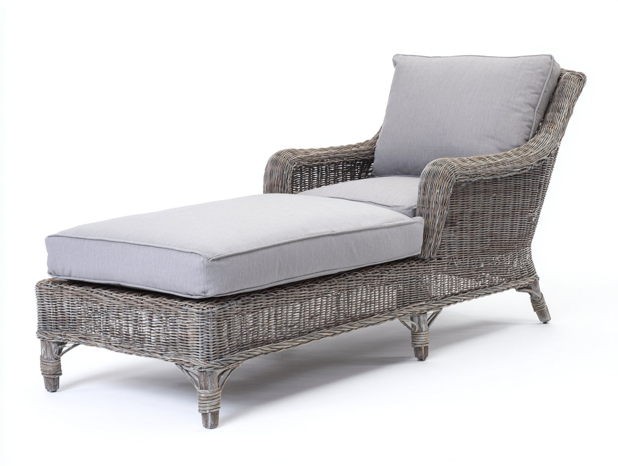 Bain de soleil en rotin tressé avec coussin gris design extérieur moderne avec dossier inclinable 190x70x85 cm