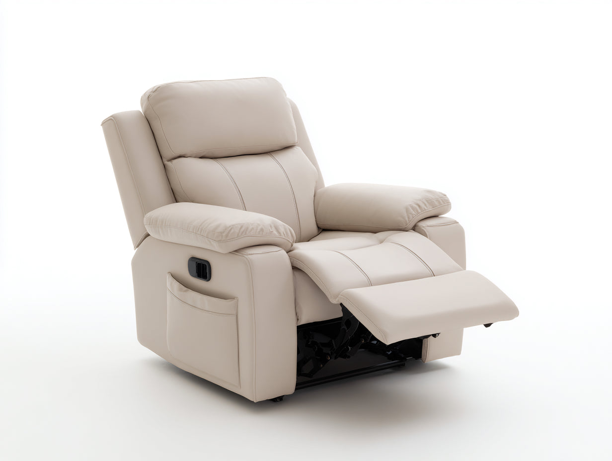 Fauteuil relax électrique cuir synthétique beige 88x92x105 cm avec repose-pieds inclinable et poche latérale pour salon