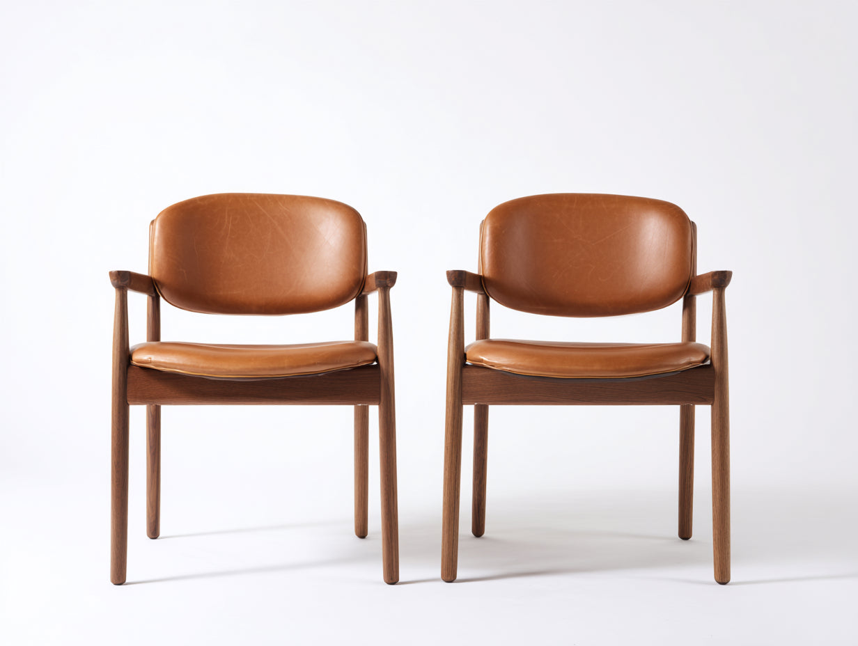 Chaise de salle à manger chaise design bois massif assise cuir marron style mid century 52x55x80 cm - marron bois naturel - design vintage moderne