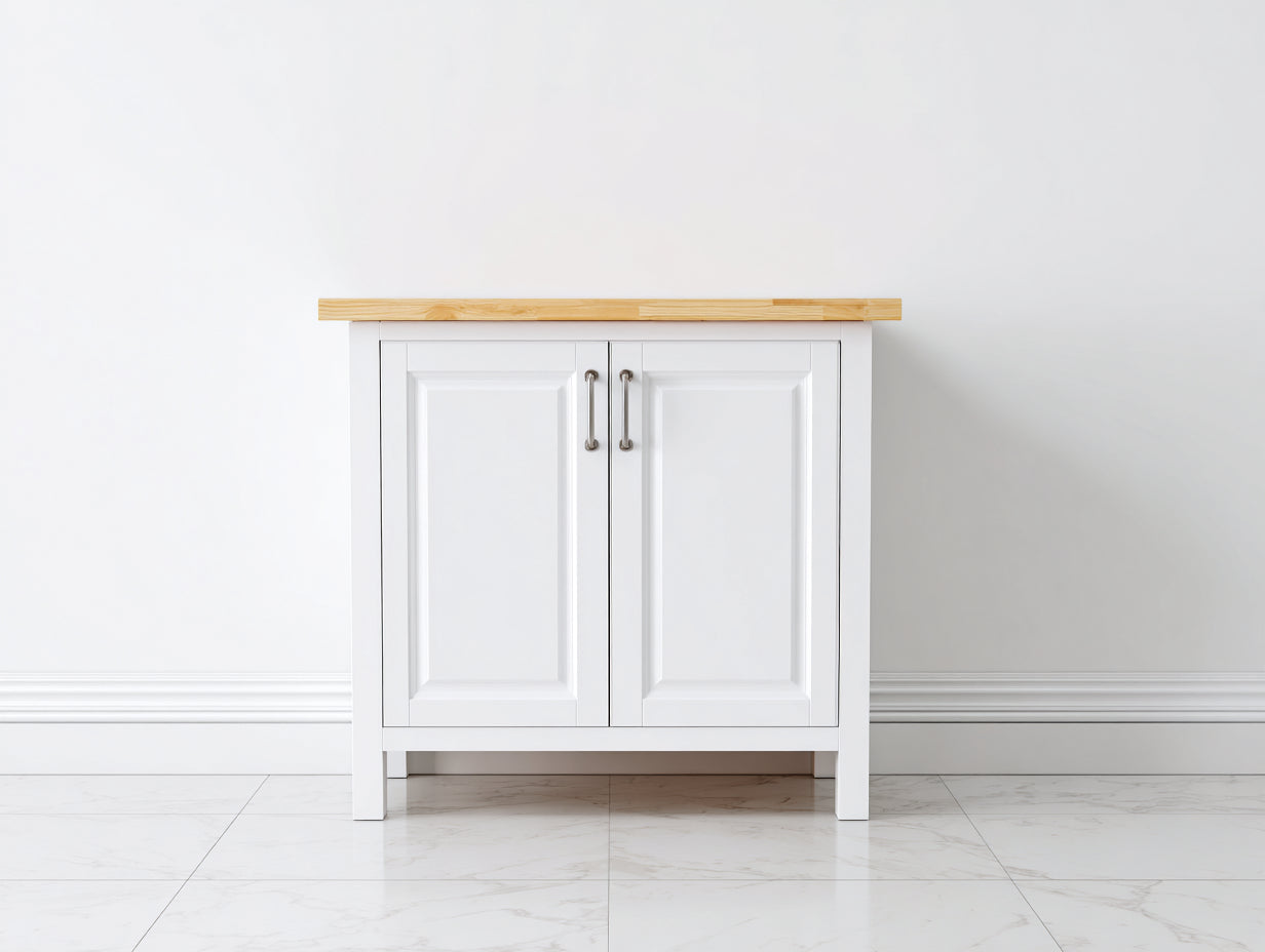 Buffet 100 x 40 x 90 cm en bois blanc et bois naturel avec 2 portes - Buffet de rangement style scandinave moderne - Meuble de salle à manger et salon