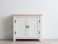 Buffet 90 x 40 x 90 cm en bois blanc et bois naturel avec 2 portes - Buffet de rangement style campagne moderne - Meuble de salle à manger et salon