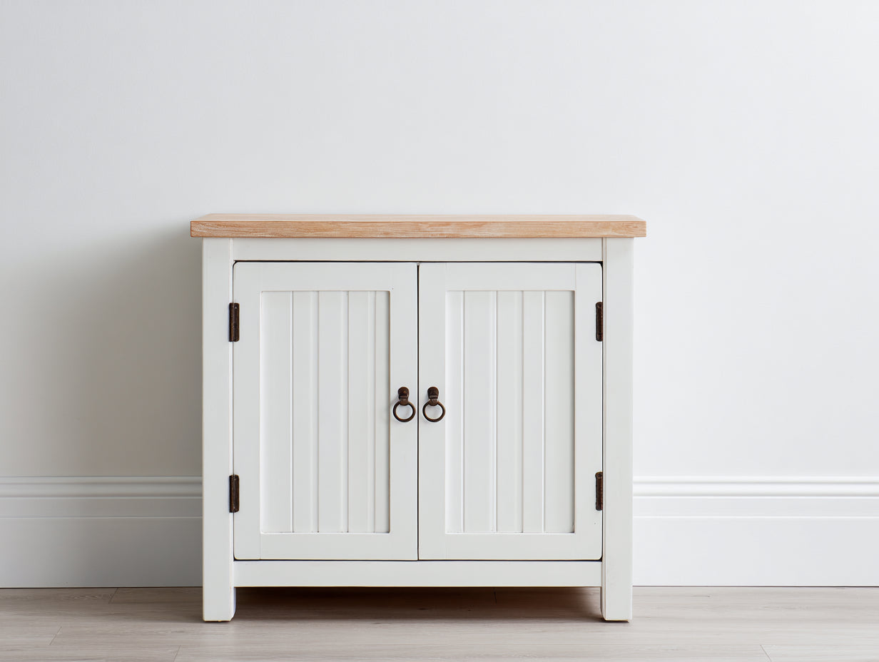 Buffet 90 x 40 x 90 cm en bois blanc et bois naturel avec 2 portes - Buffet de rangement style campagne moderne - Meuble de salle à manger et salon