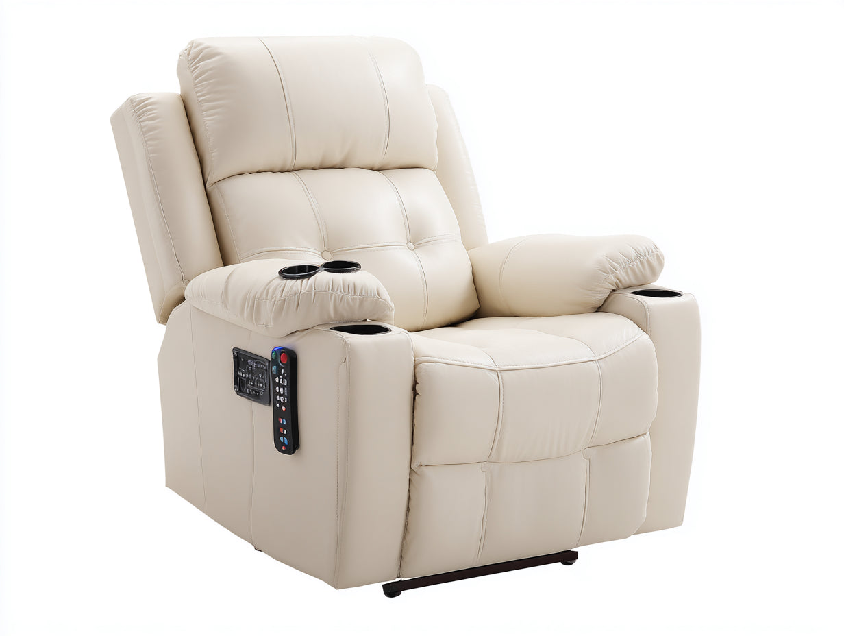 Fauteuil relax 90x95x105 cm - fauteuil relax électrique en cuir synthétique beige avec fonction inclinable porte-gobelets et télécommande - fauteuil de salon confortable style moderne