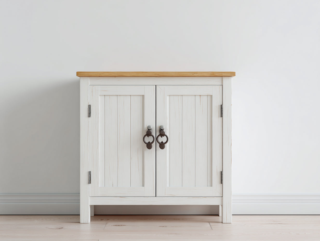 Buffet meuble de rangement bois blanc deux portes plateau bois naturel style campagne 100x40x90 cm - blanc bois naturel - design classique moderne