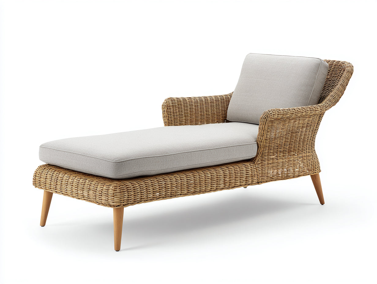 Bain de soleil 192 x 76 x 88 cm en résine tressée beige avec coussin crème - Méridienne de jardin avec dossier ergonomique - Mobilier d'extérieur contemporain