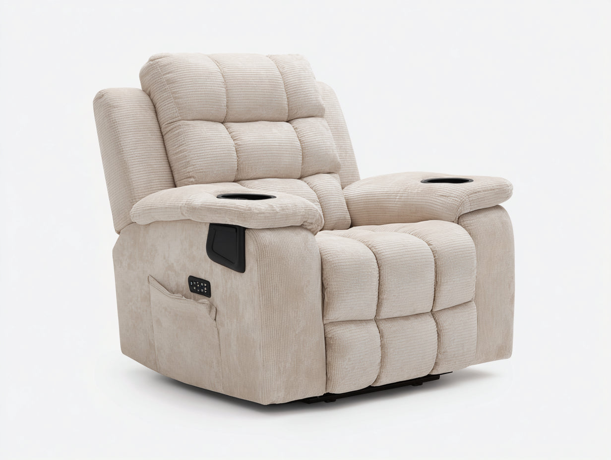 Fauteuil relax 100x105x108 cm - fauteuil relax électrique en tissu beige texturé avec fonction inclinable et porte-gobelets intégrés - fauteuil de salon confortable style moderne avec poche latérale