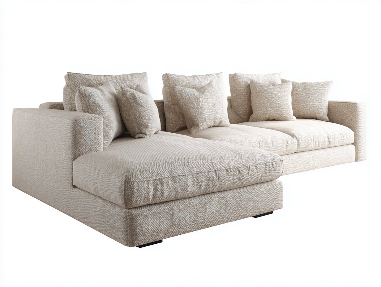Canapé d'angle 300 x 180 x 82 cm en tissu bouclé crème - Canapé d'angle avec assise profonde et coussins de dossier - Style contemporain