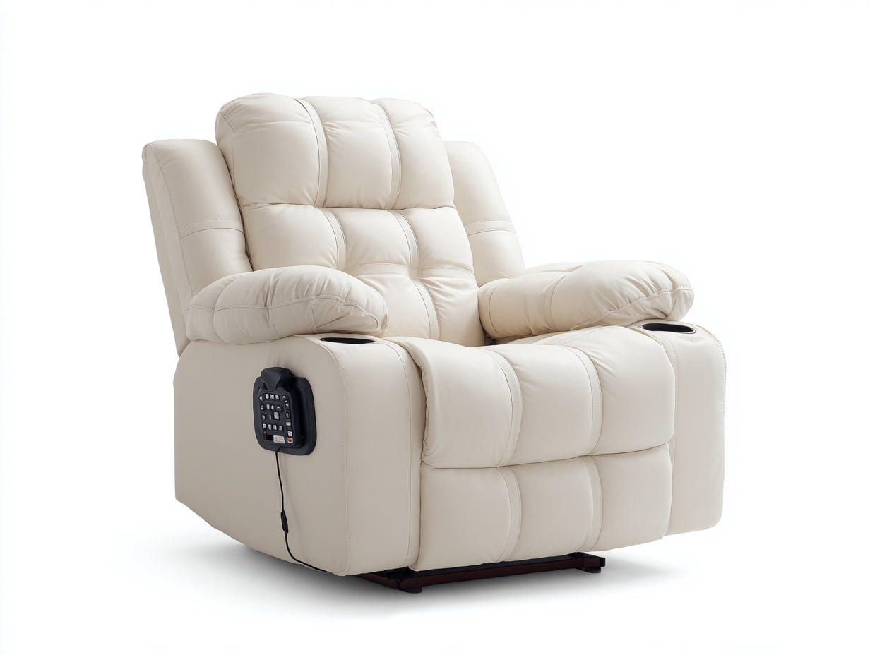 Fauteuil relax électrique en cuir synthétique beige 88x95x105 cm avec porte-gobelet et commande latérale design moderne pour salon